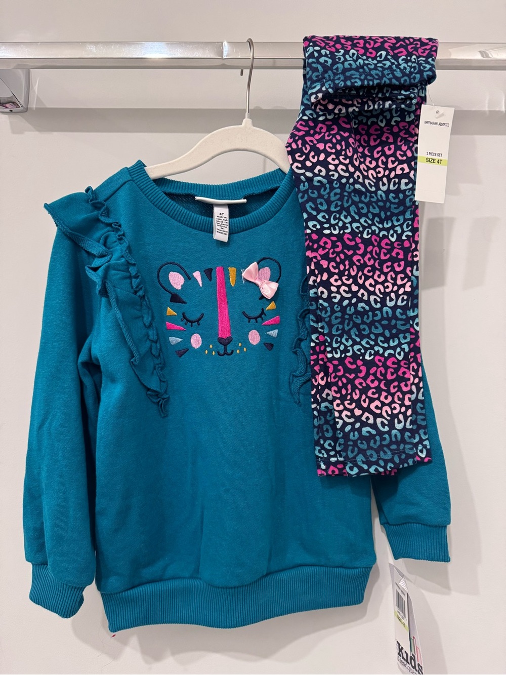 Kids Headquarters Teal Ruffle Sweatshirt & Pink-Blue Leopard Leggings Pajama Set
